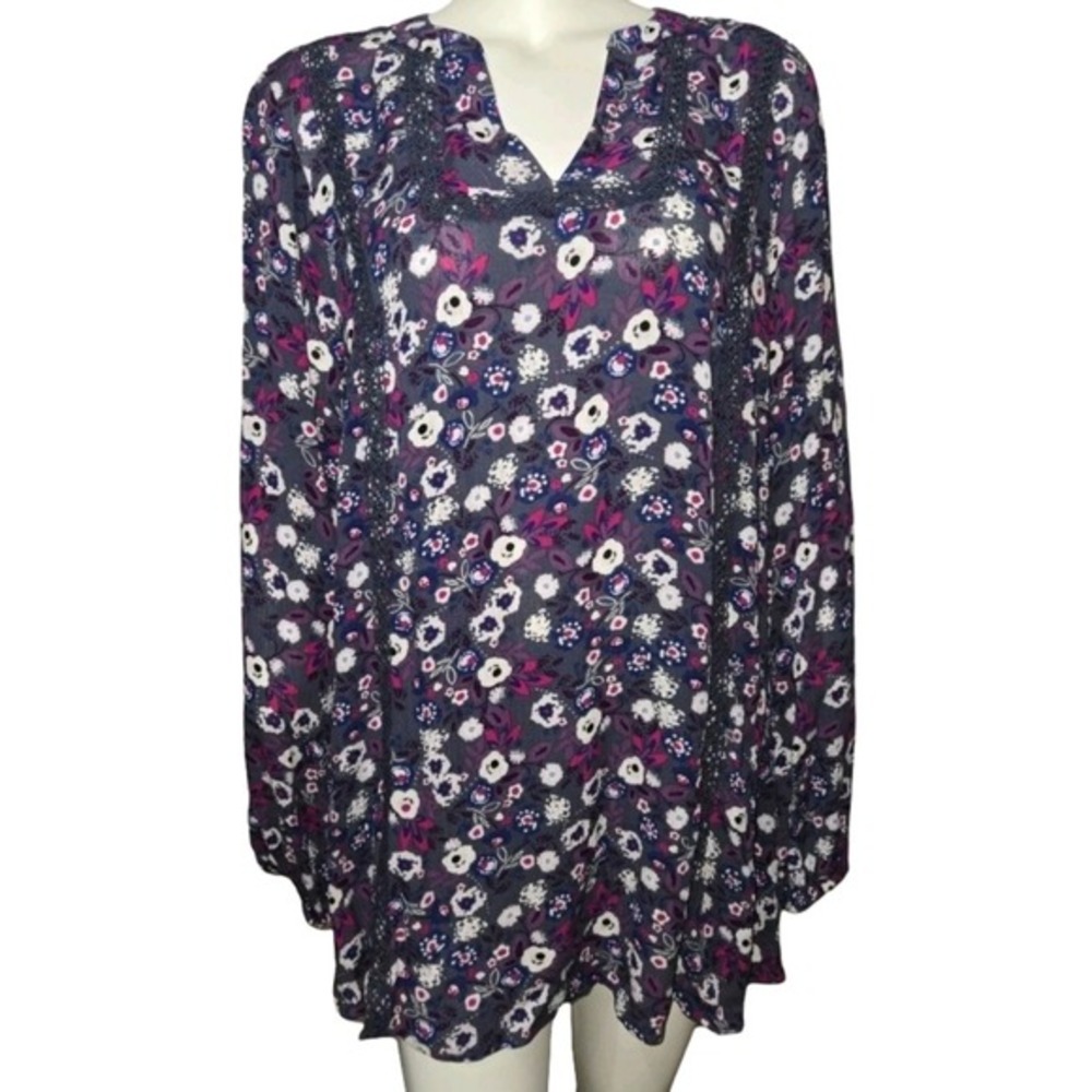 Lane‎ Bryant Floral V-Neck Crochet Trim Tunic Blouse Blue Purple Plus Size 14/16